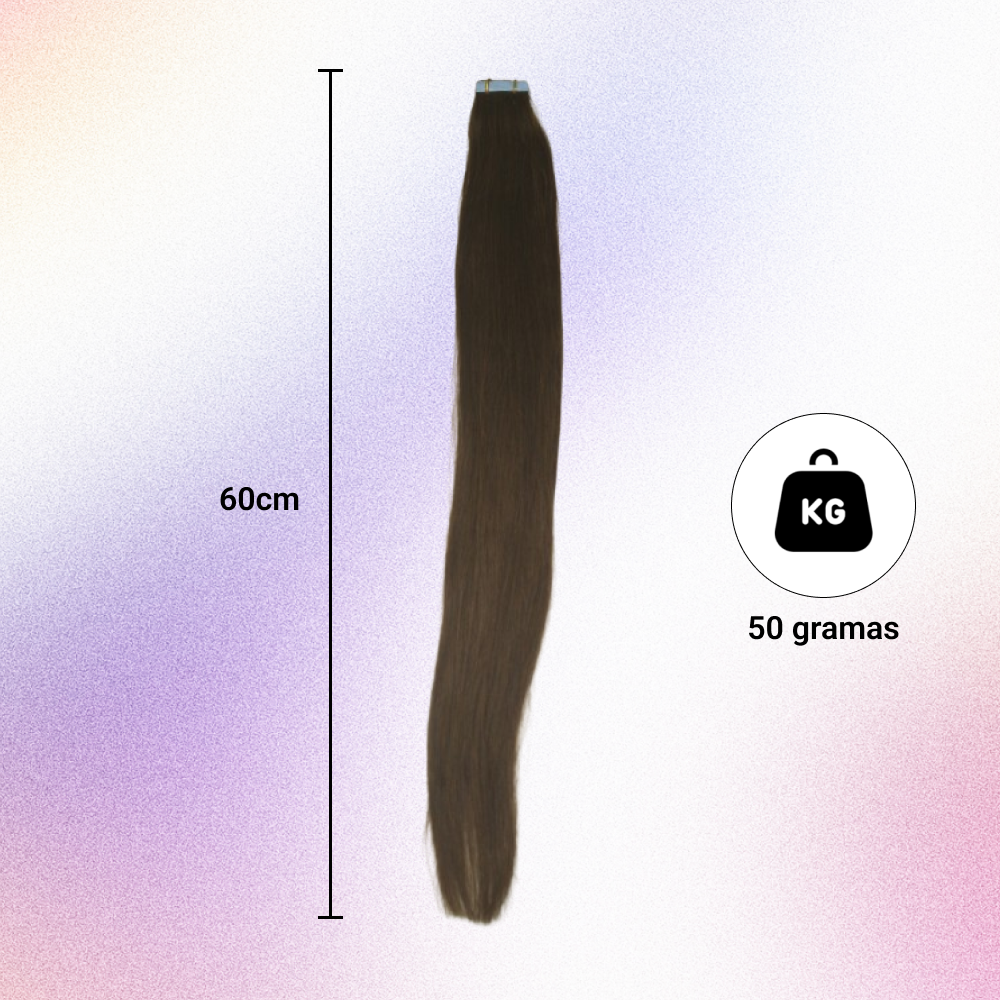 Mega Hair Fita Adesiva Cabelo Humano 60cm Castanho Claro